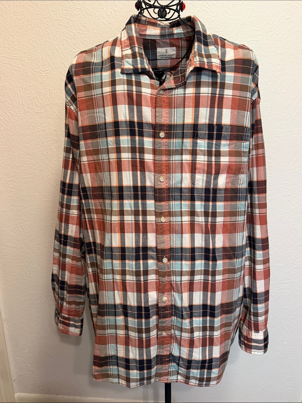 🎭🎭🎭BOGOHO🎭🎭🎭Mutual Weave Plaid Button-Down Shirt - Rust Navy White-2XLT